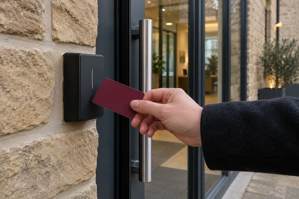 An access card presented to a reader beside a commercial door