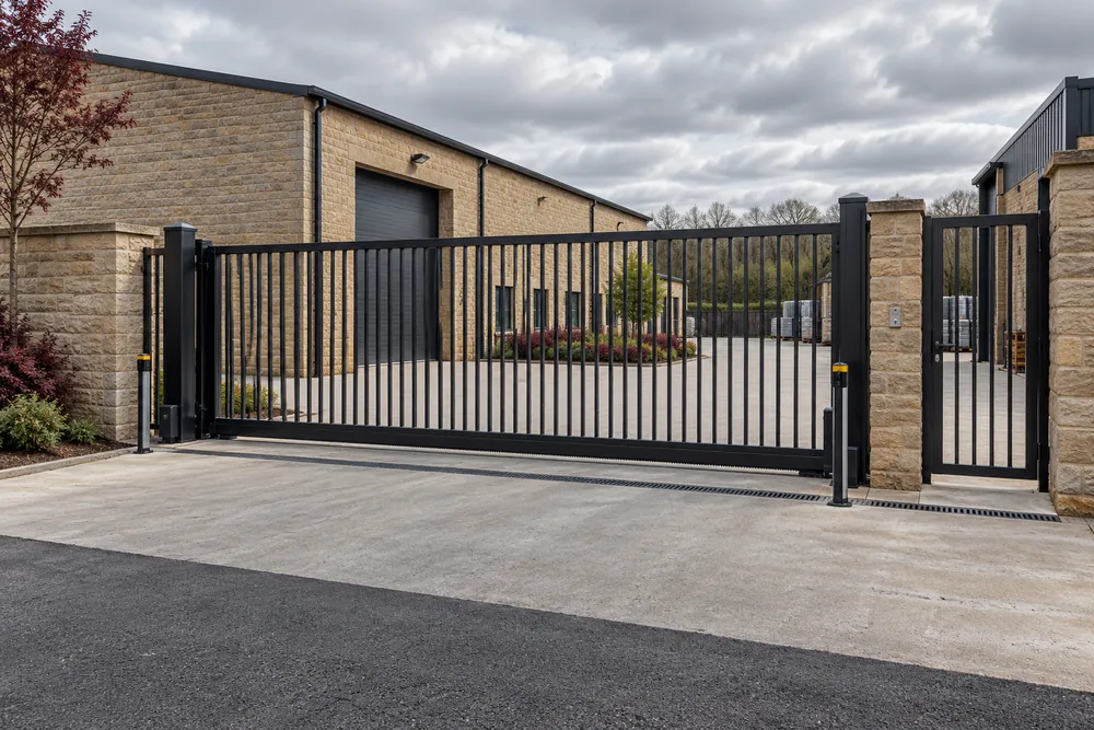 Sliding security gate with a separate pedestrian entrance at a commercial yard