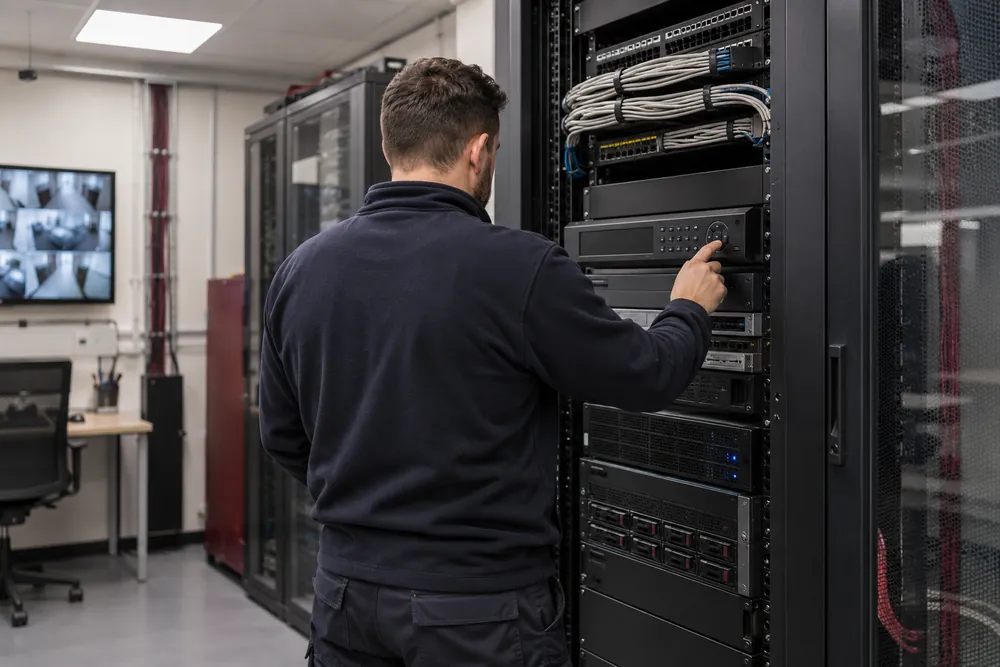 Technician checking a CCTV recorder in a network equipment rack
