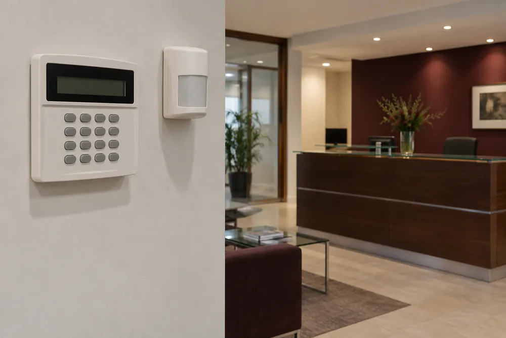 Intruder alarm keypad and movement detector in an office